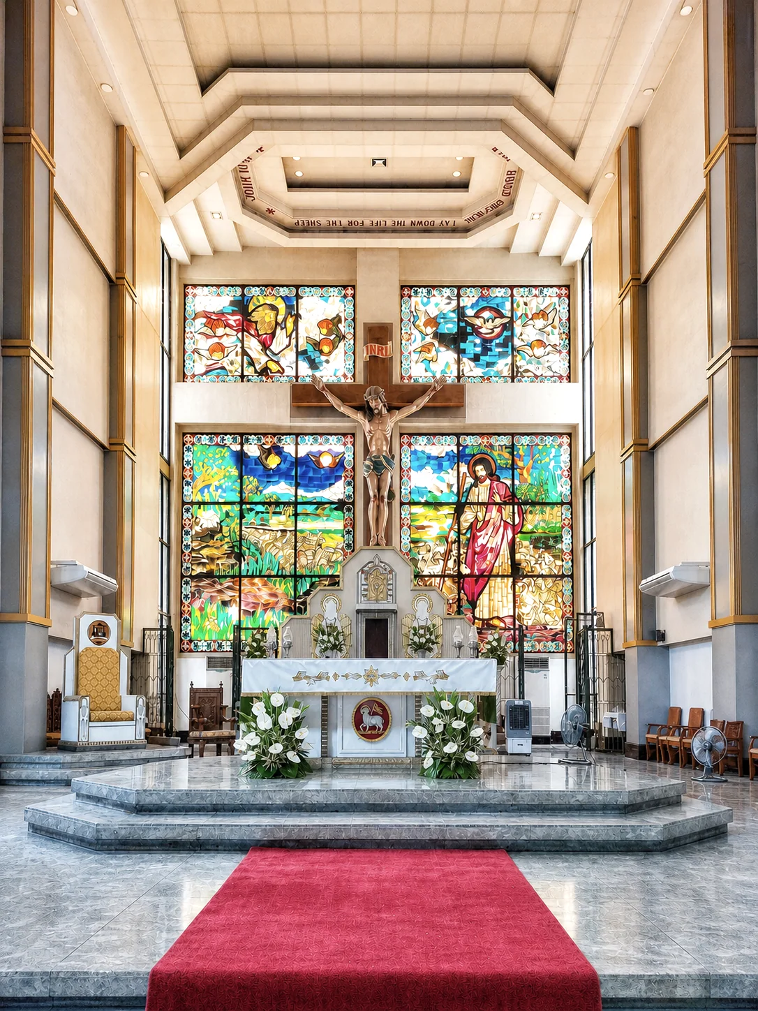 Altar and stained glass inside Cathedral-Shrine and Parish of the Good Shepherd