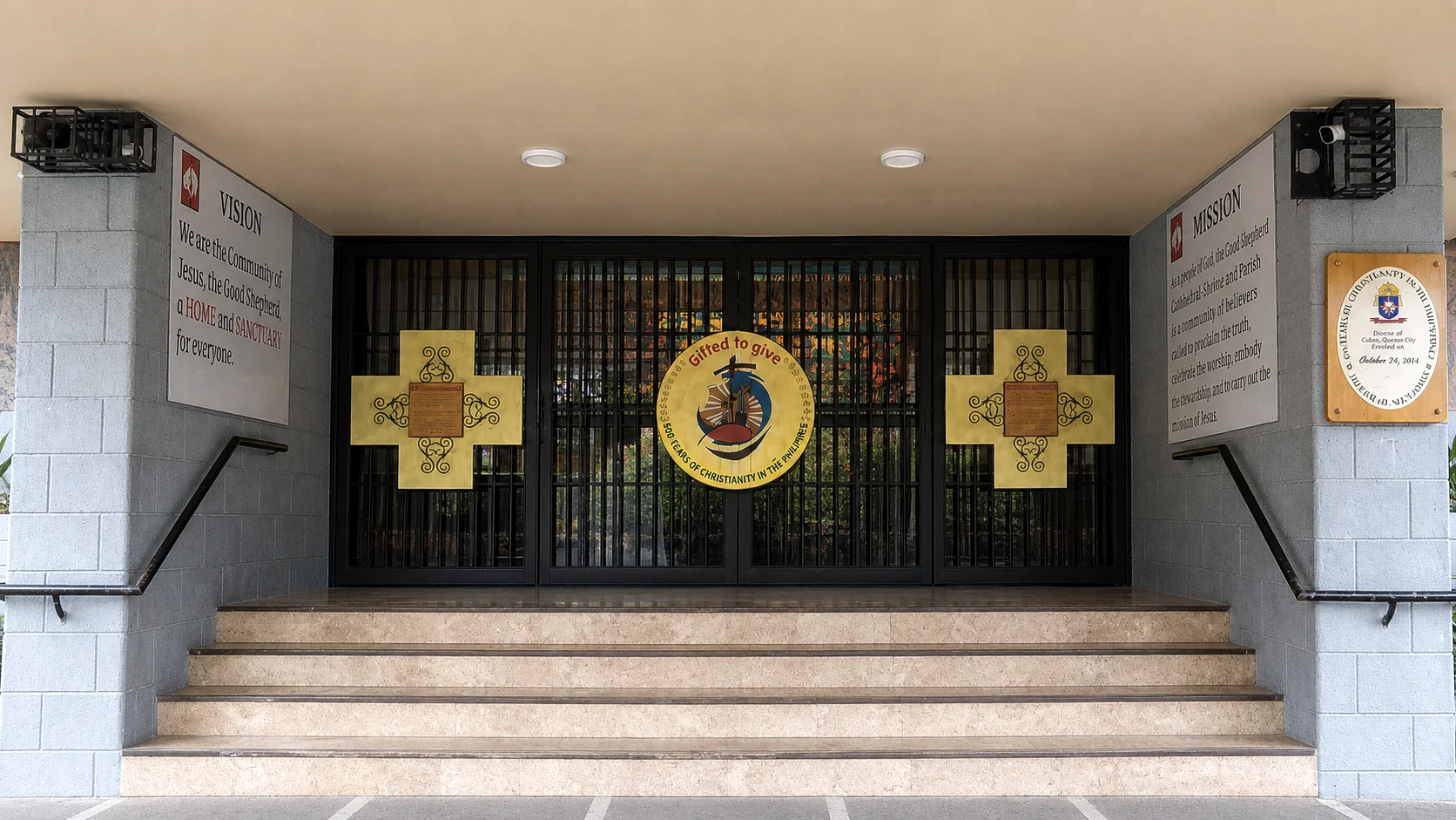 Church entrance gate and sanctuary signage