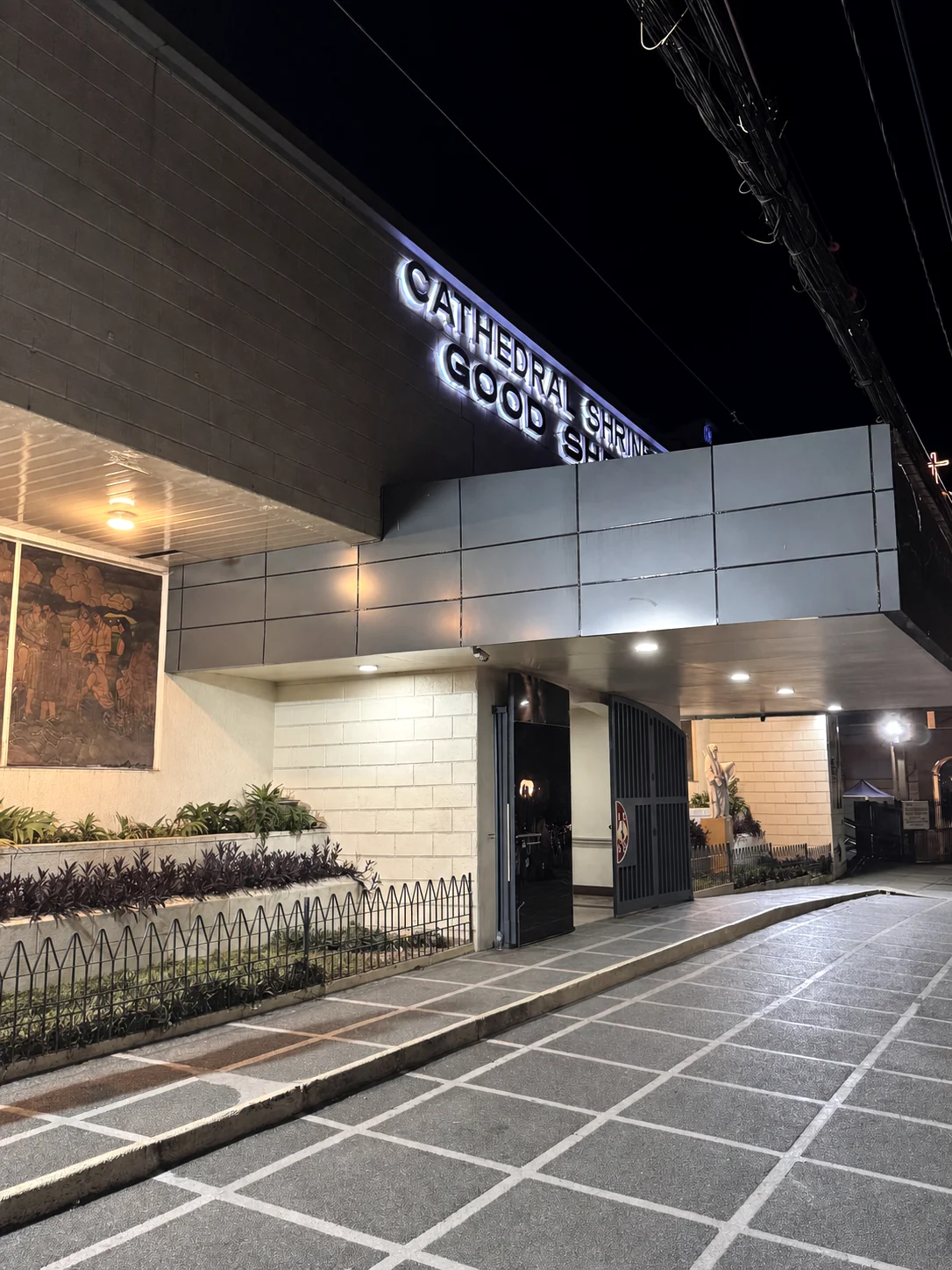 Night exterior entrance of Cathedral-Shrine of the Good Shepherd