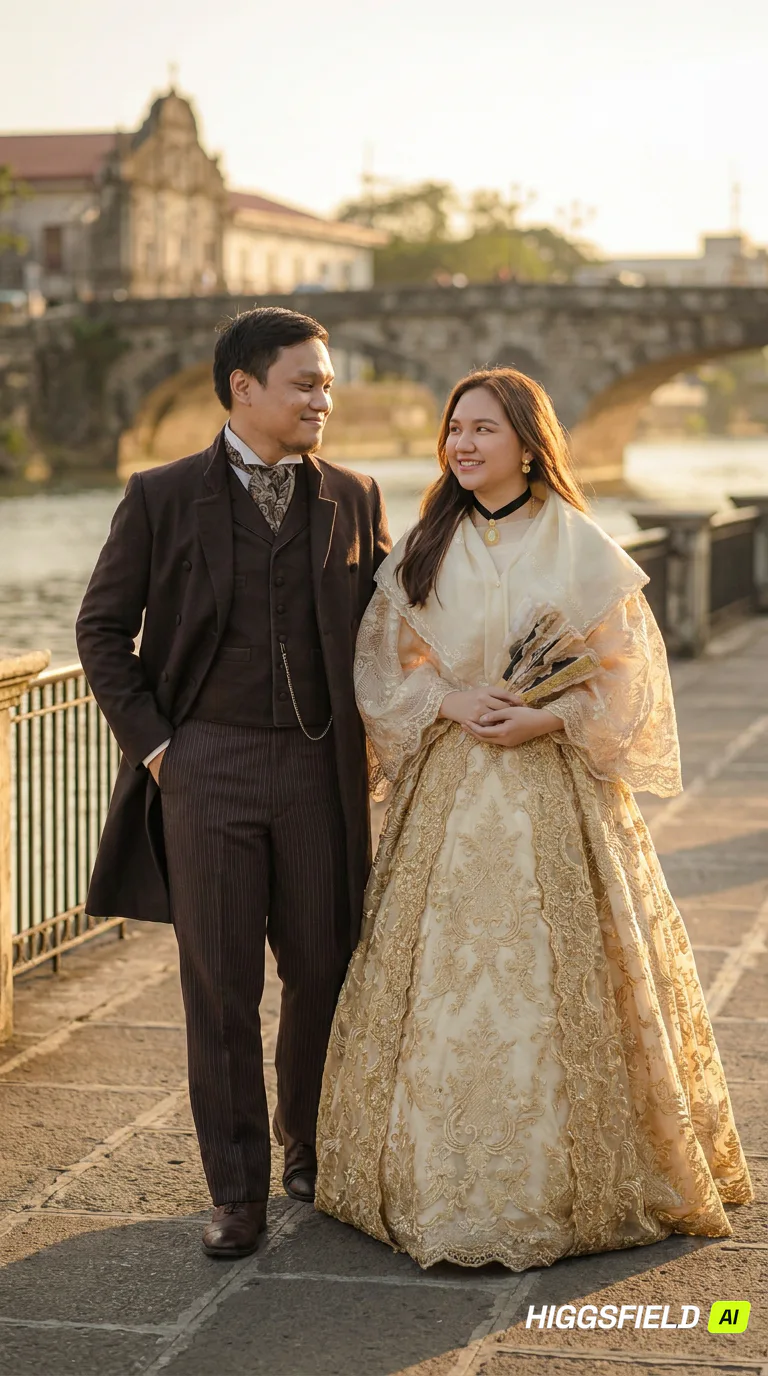 Carlo and Maila walking together by a historic building