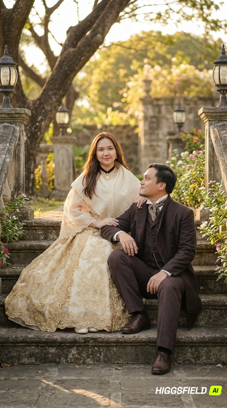 Carlo and Maila seated together in a heritage courtyard