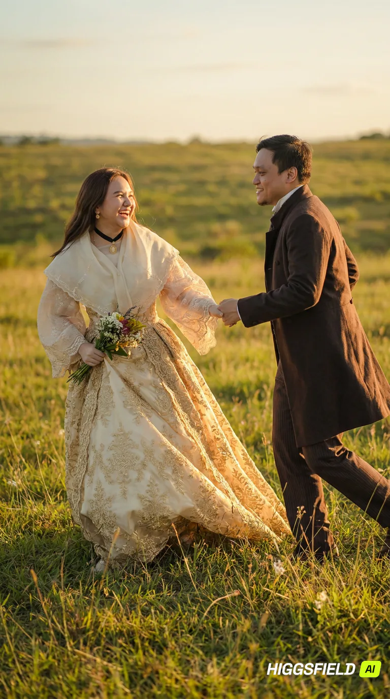 Carlo and Maila holding hands in a golden meadow
