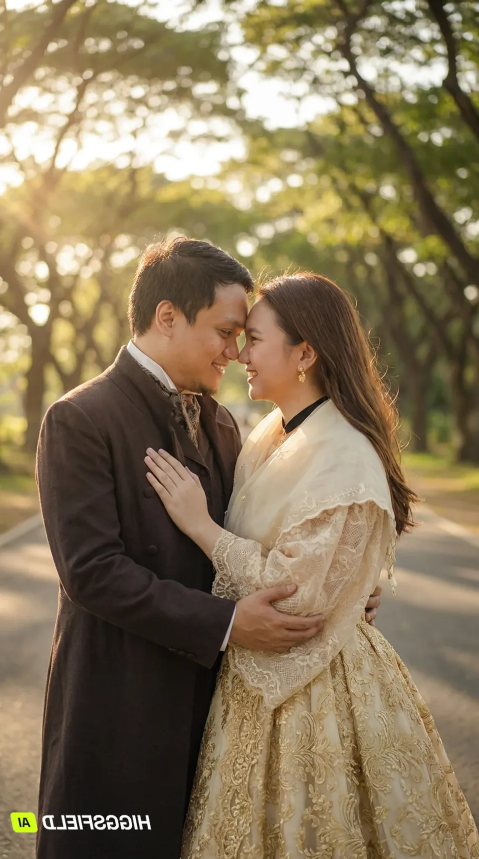 Carlo and Maila sharing a close moment beneath leafy trees