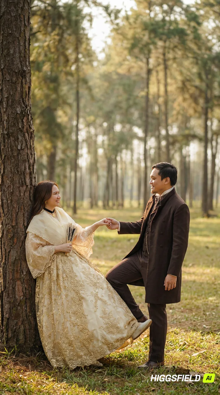 Carlo gently kissing Maila's hand in a pine grove