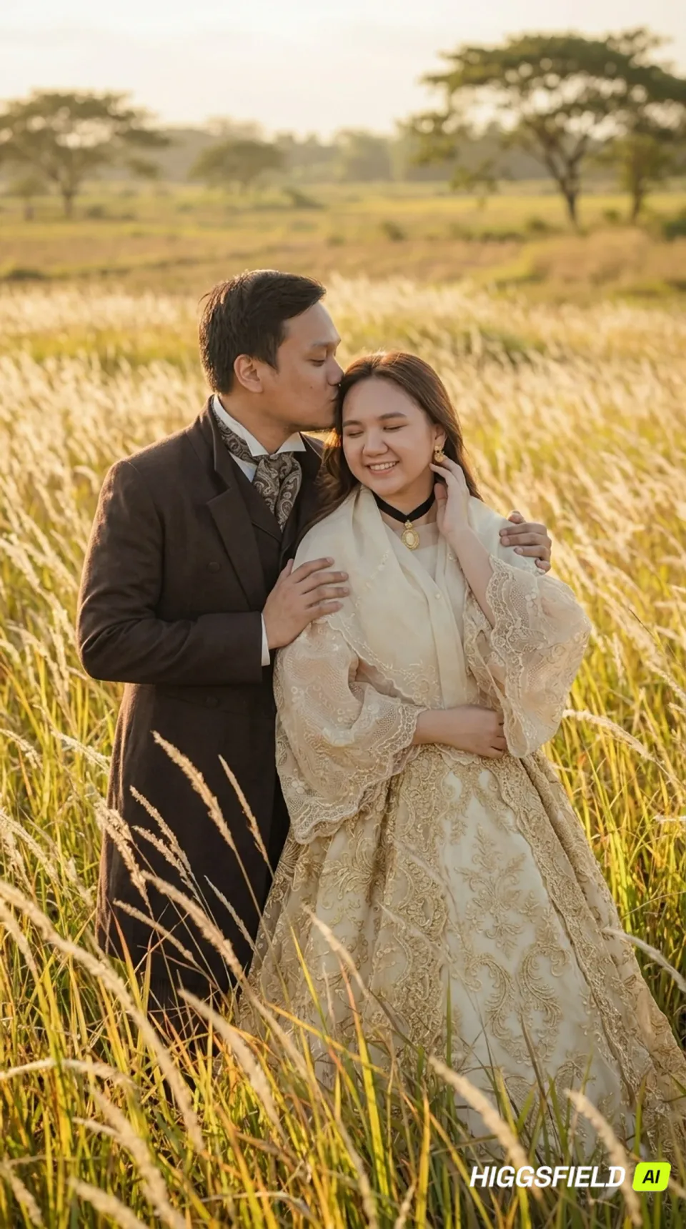 Carlo embracing Maila in a glowing field