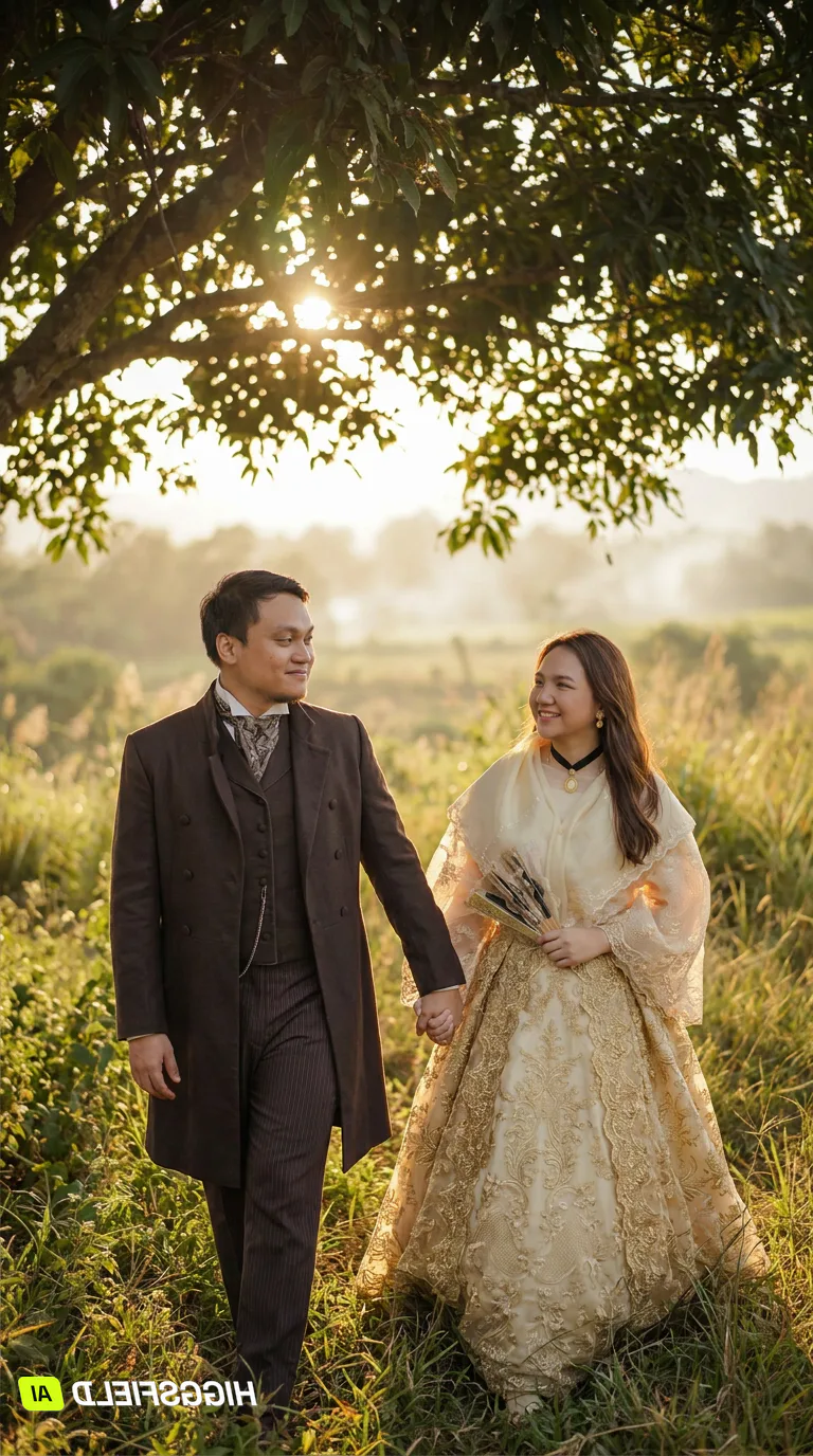 Carlo and Maila walking side by side beneath a large tree