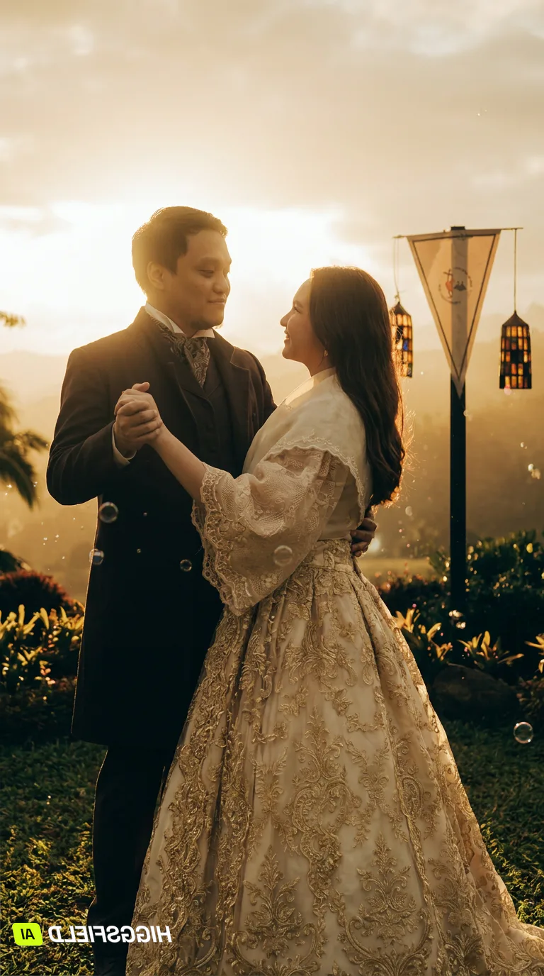 Carlo and Maila dancing beside hanging lanterns at sunset