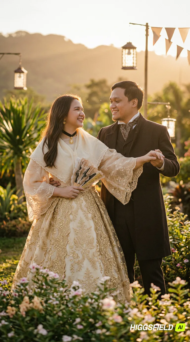 Carlo and Maila dancing together in a sunlit courtyard