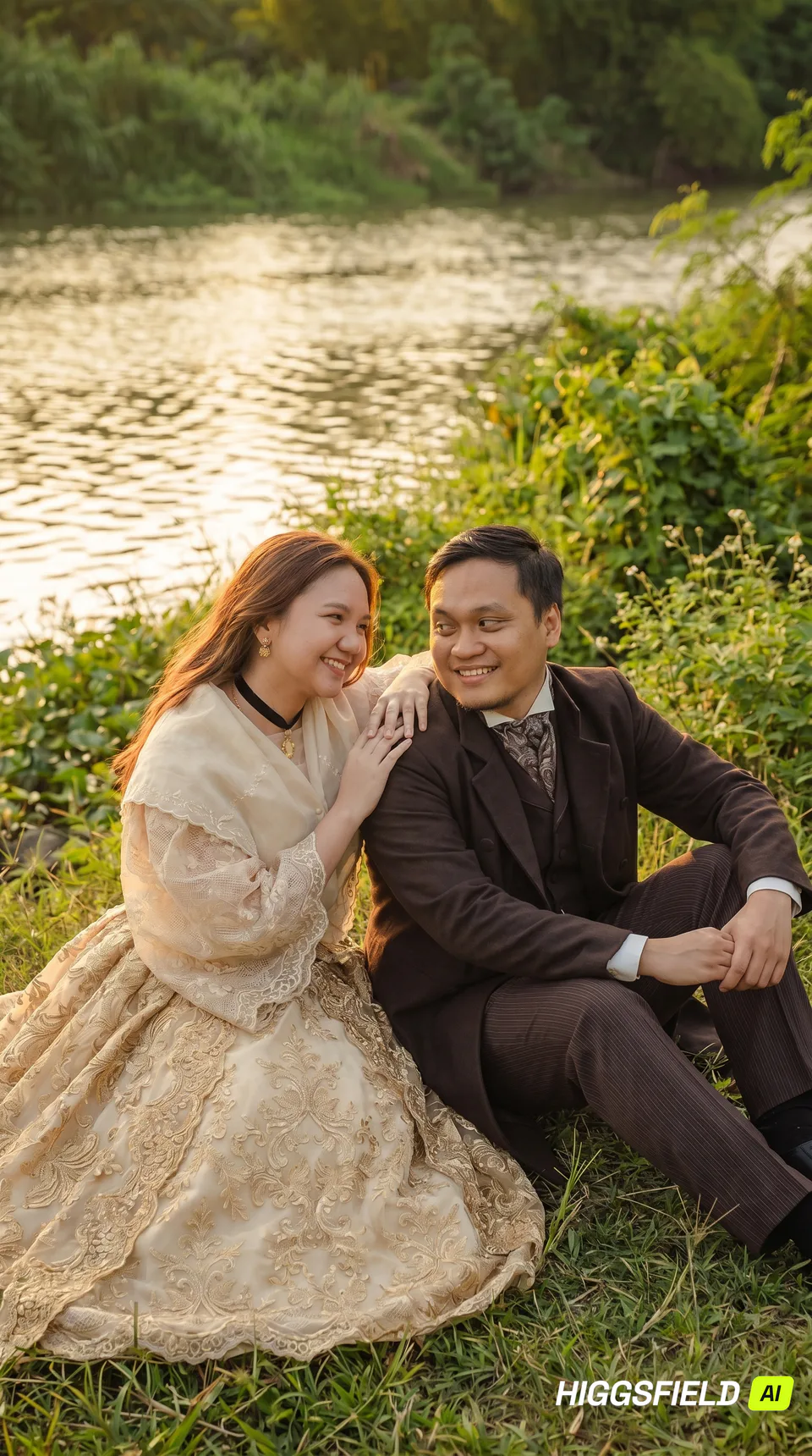 Carlo and Maila seated beside the water in late-afternoon light