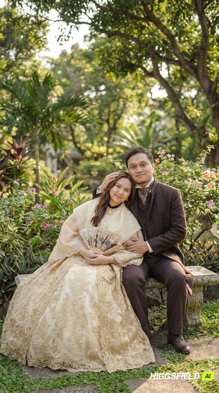 Maila resting her head on Carlo's shoulder in a lush garden