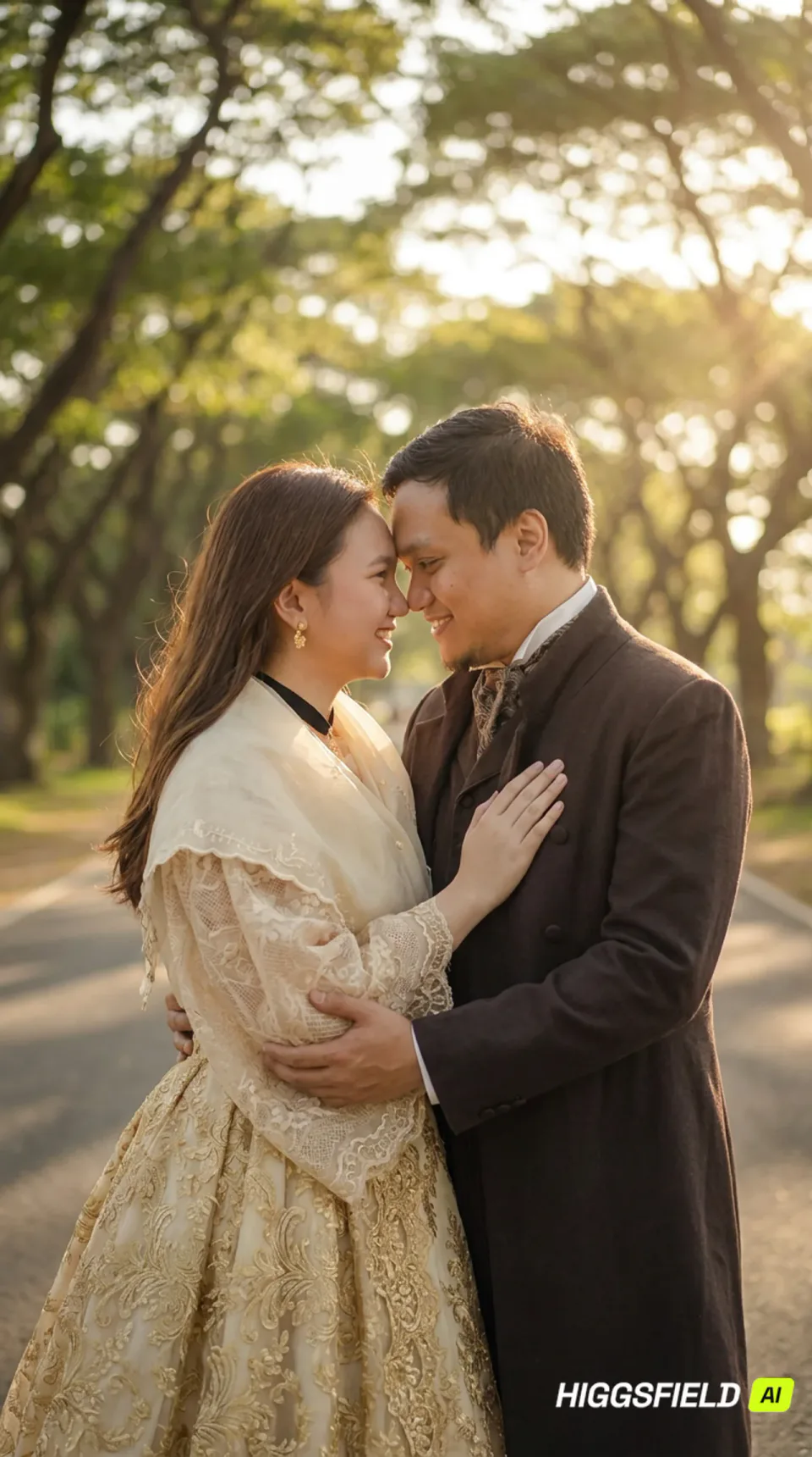 Carlo and Maila standing forehead to forehead beneath the trees