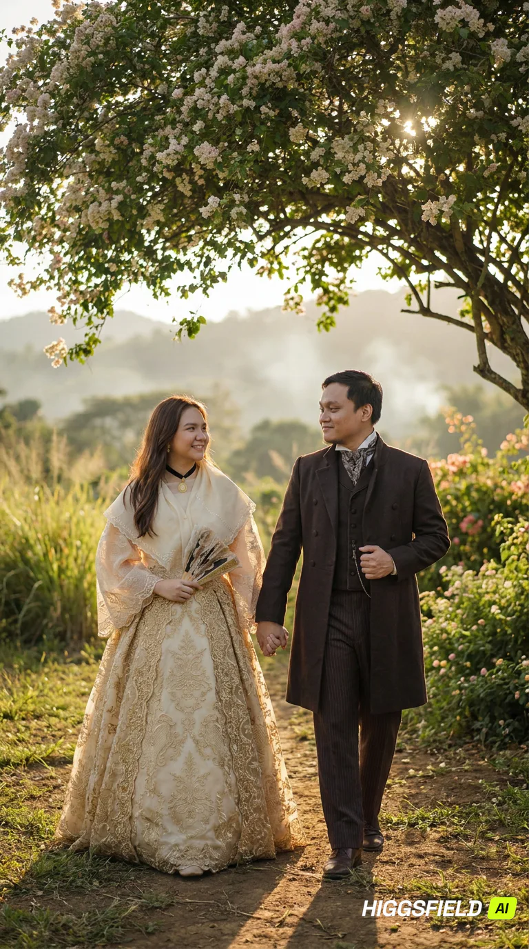 Carlo and Maila walking through a bright garden landscape