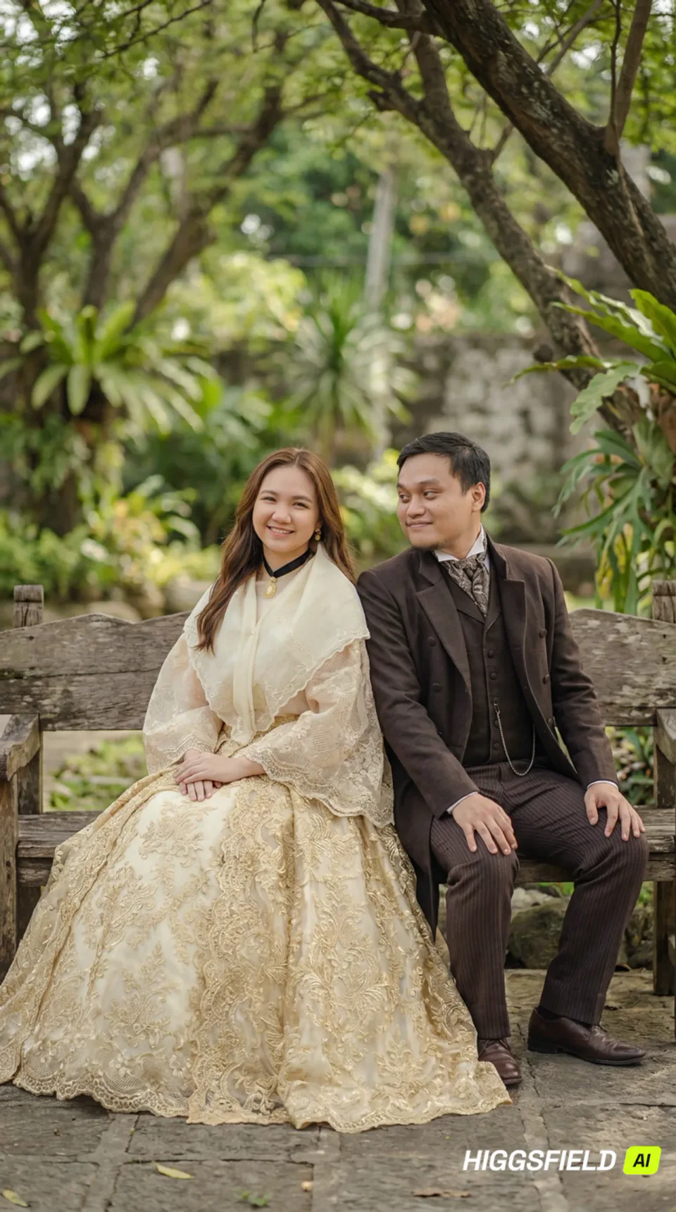Carlo and Maila seated together on a stone garden bench