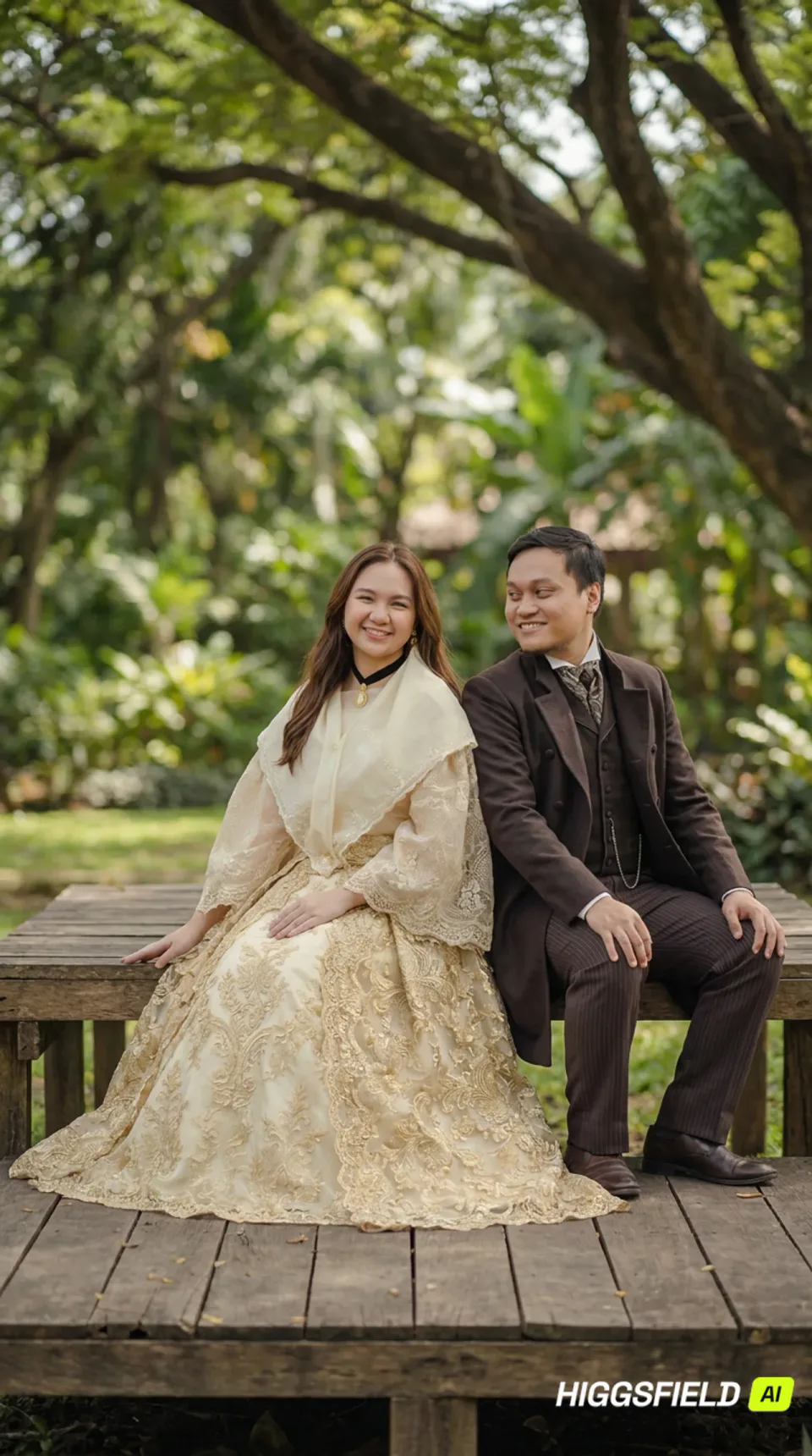 Carlo and Maila smiling together on a wooden bench beneath the trees