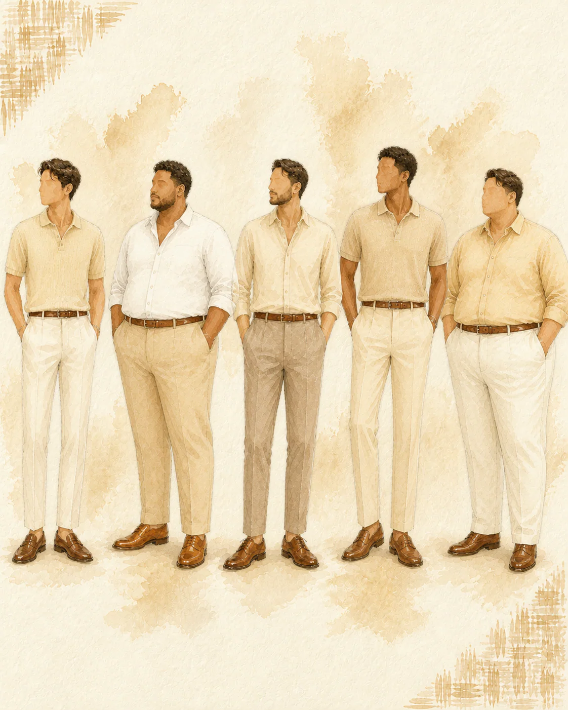Watercolor semi-formal outfit suggestions for men in champagne, ivory, beige, sand, and taupe, including plus-size examples