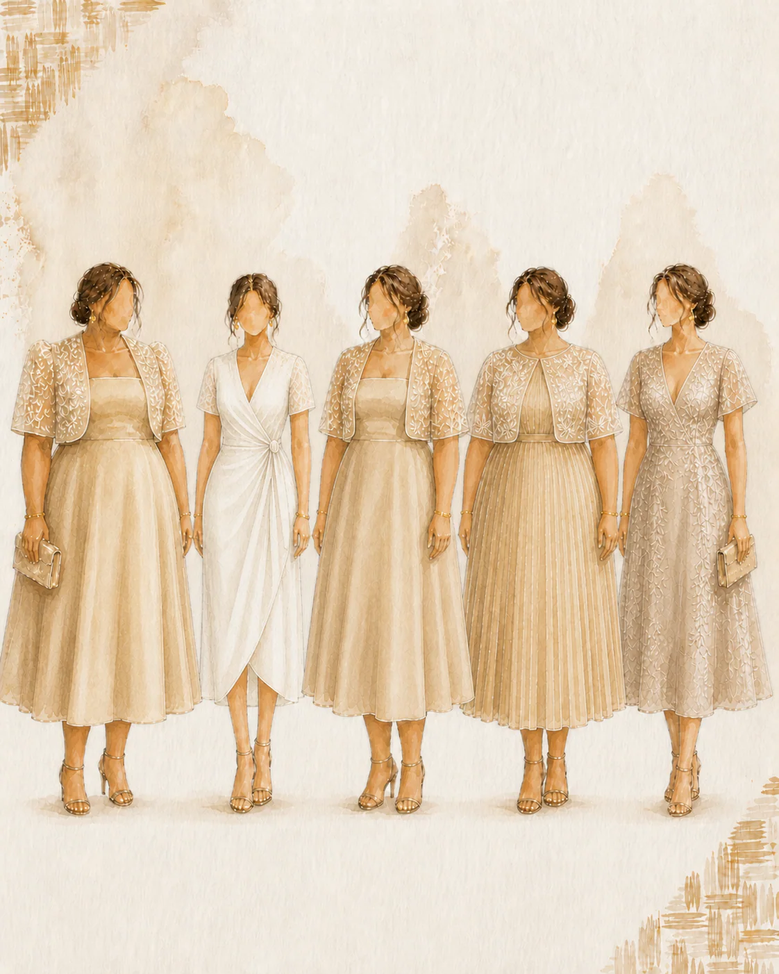 Watercolor semi-formal dress suggestions for women in champagne, ivory, beige, gold, and taupe, including plus-size examples